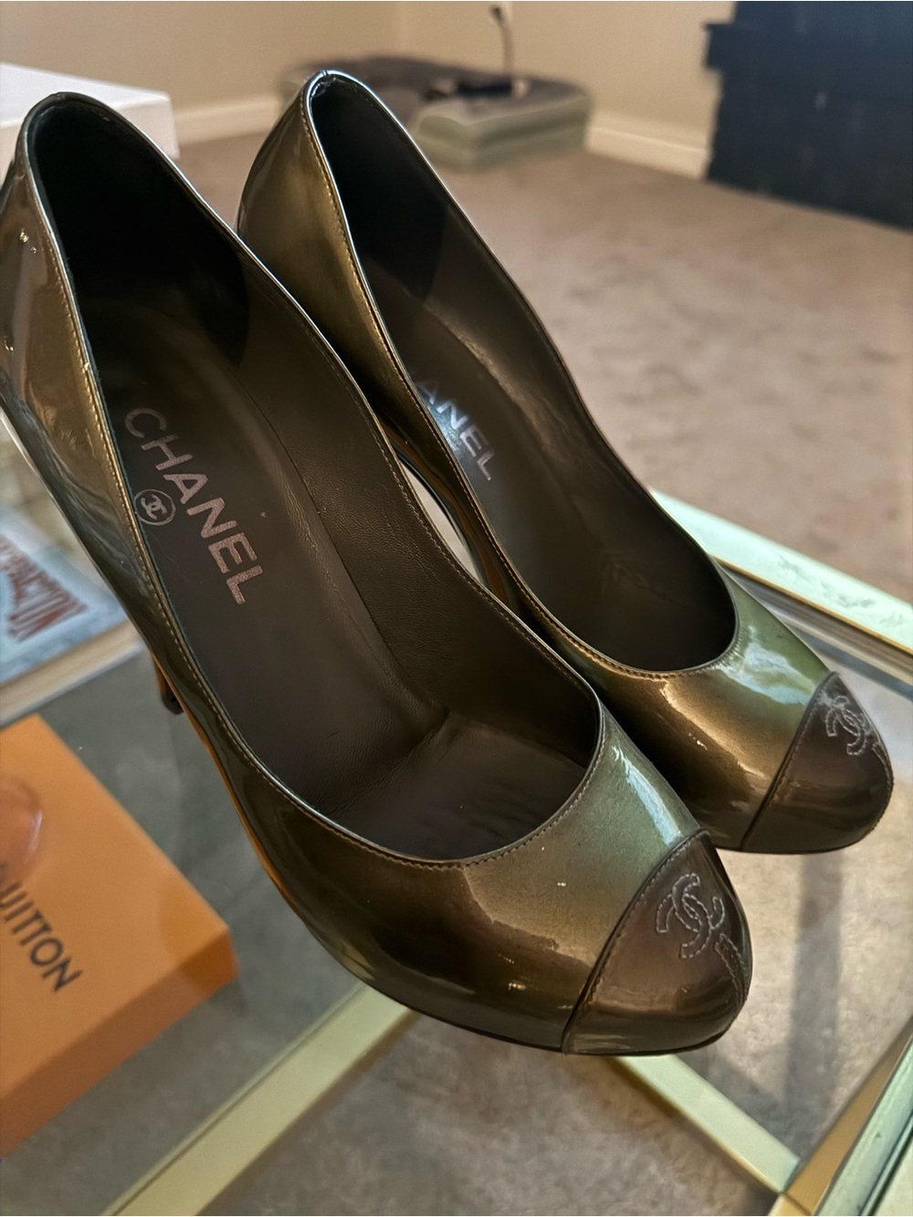 CHANEL Olive Green Patent Leather Cap-Toe Pumps with Dark Cap